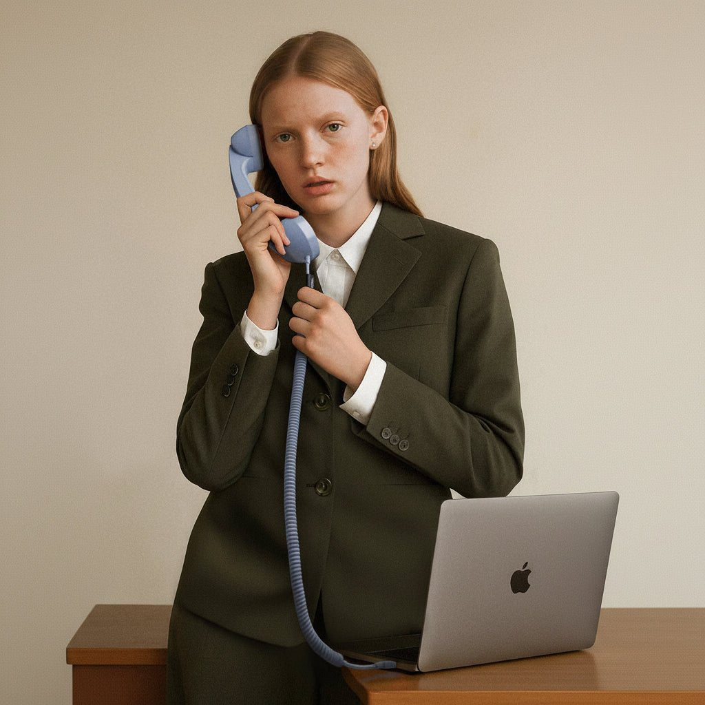 Person in a suit holding a blue POP Phone receiver with a laptop in the background