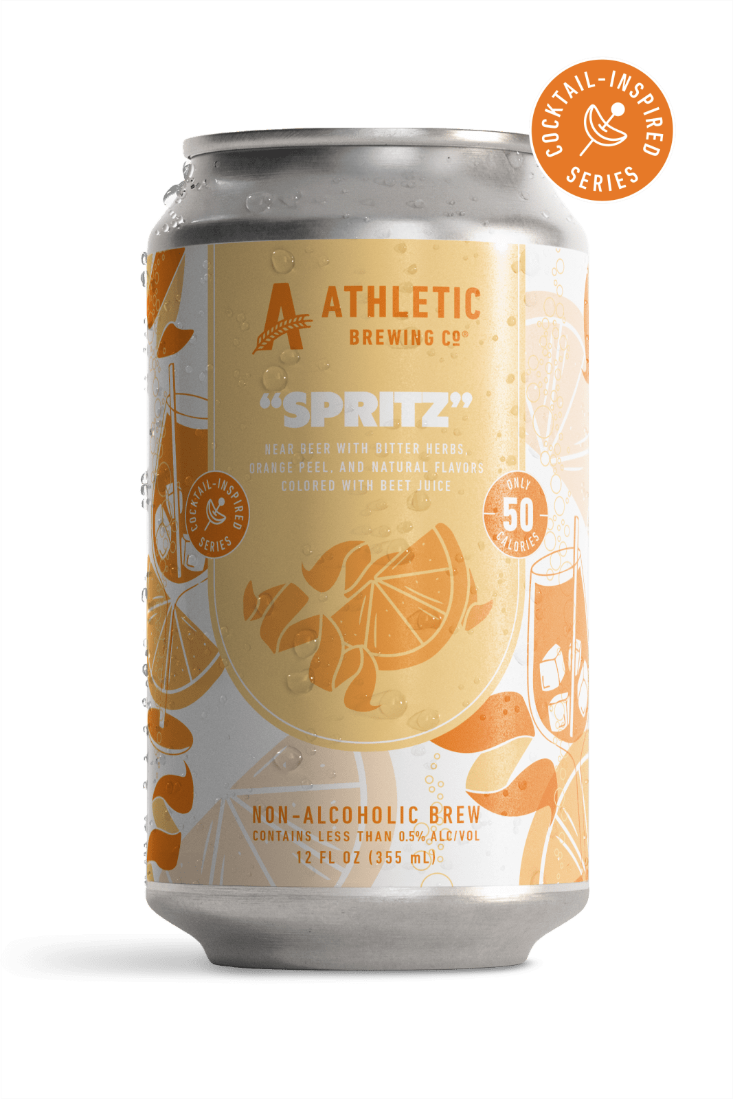 Athletic Brewing Co. Spritz non-alcoholic brew can with orange slices on a white background