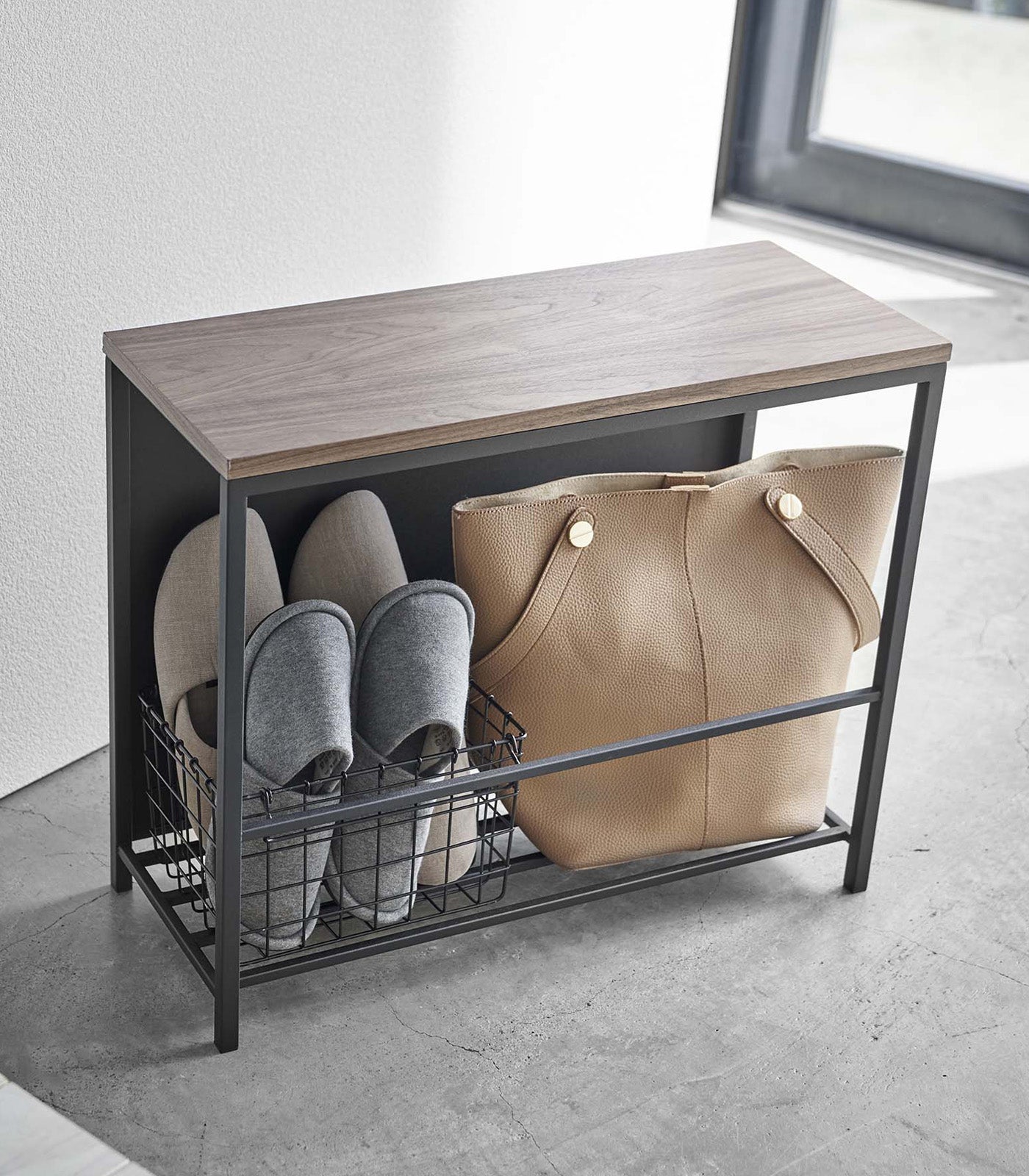 Yamazaki Home · Steel + Wood Entryway Storage Organizer & Bench (18" H) | socius design in Rochester, MN