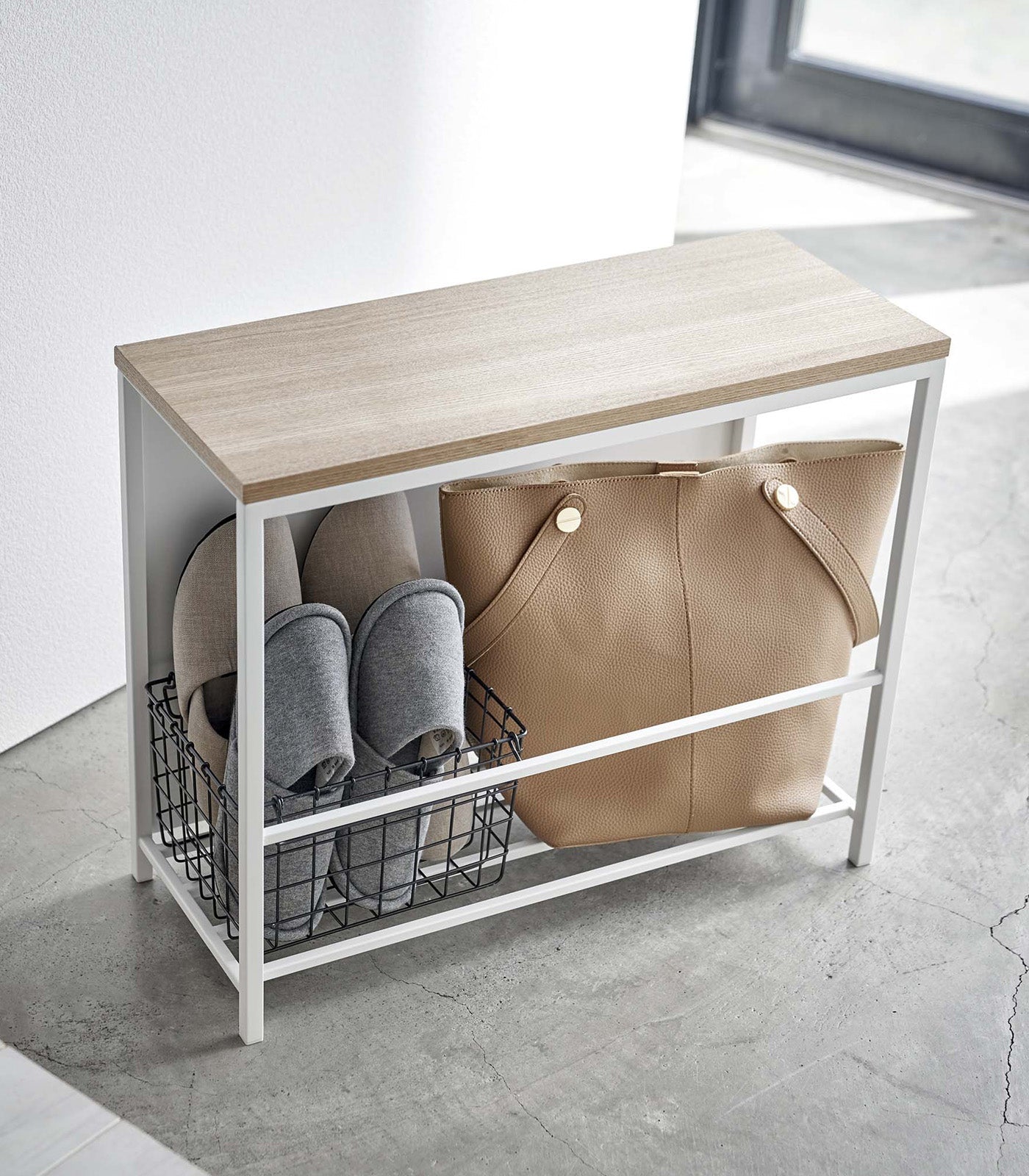 Yamazaki Home · Steel + Wood Entryway Storage Organizer & Bench (18" H) | socius design in Rochester, MN