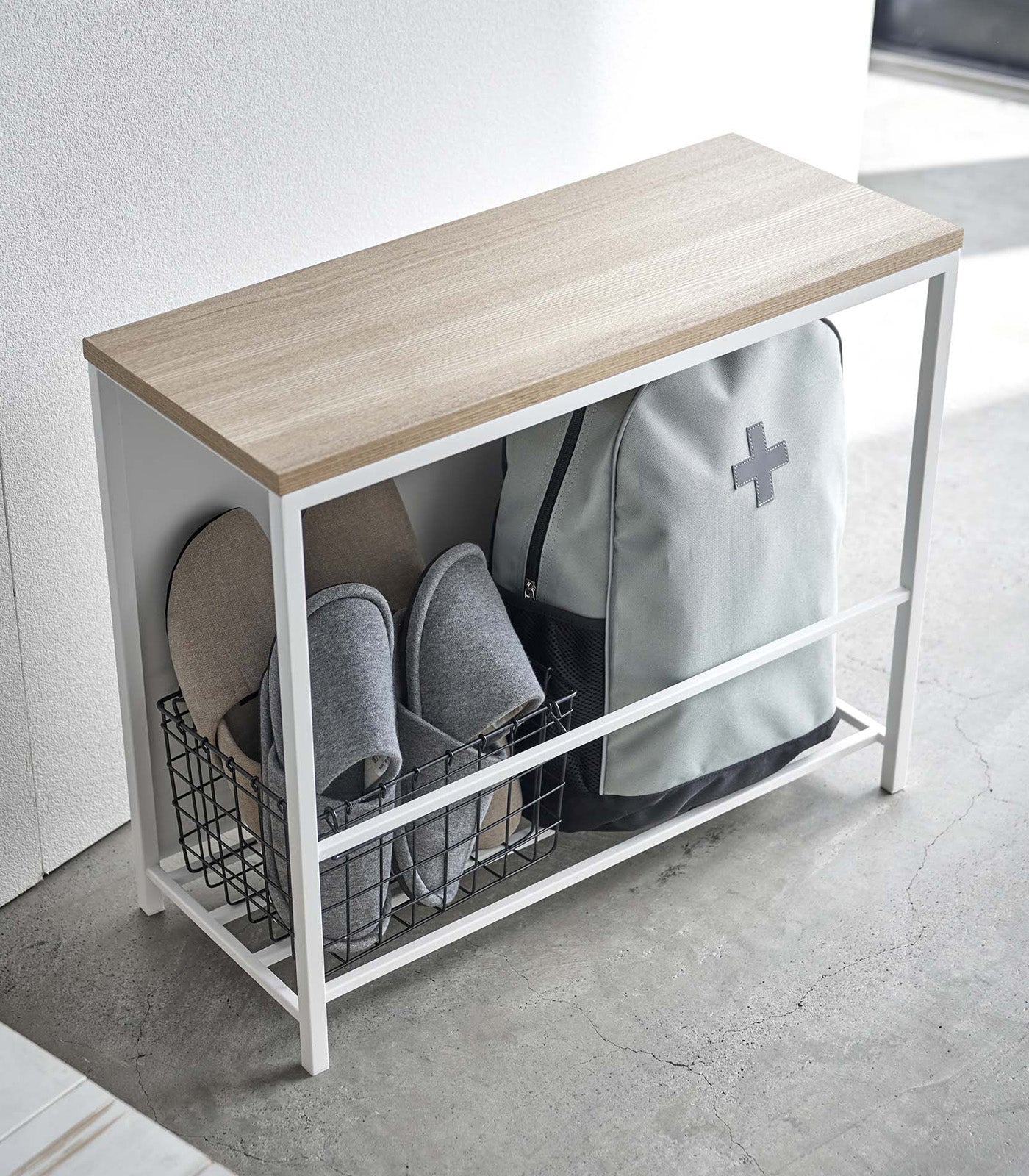 Yamazaki Home · Steel + Wood Entryway Storage Organizer & Bench (18" H) | socius design in Rochester, MN