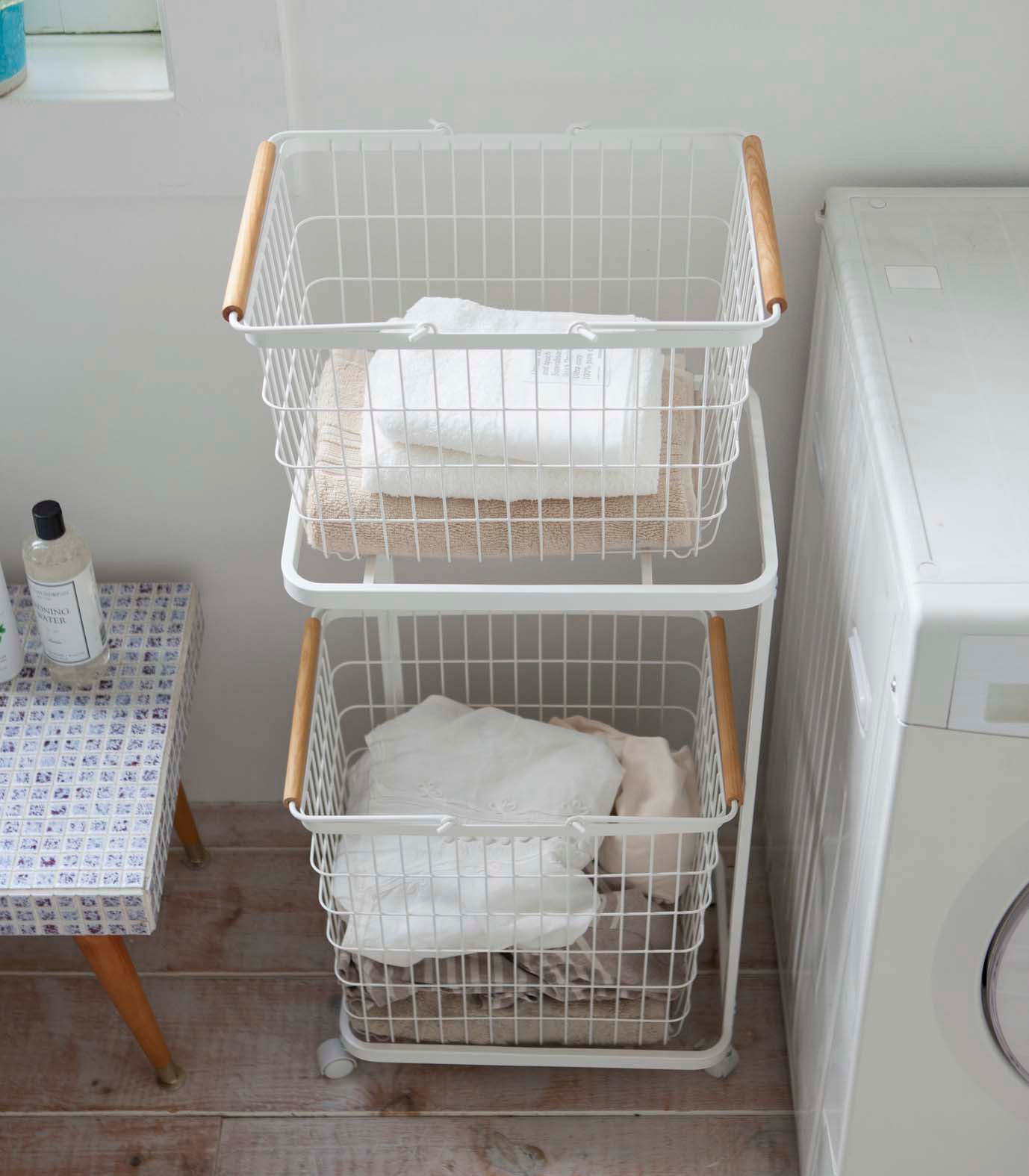 Yamazaki Home · Steel + Wood Rolling Laundry Cart + Wire Baskets (38" H) | socius design in Rochester, MN