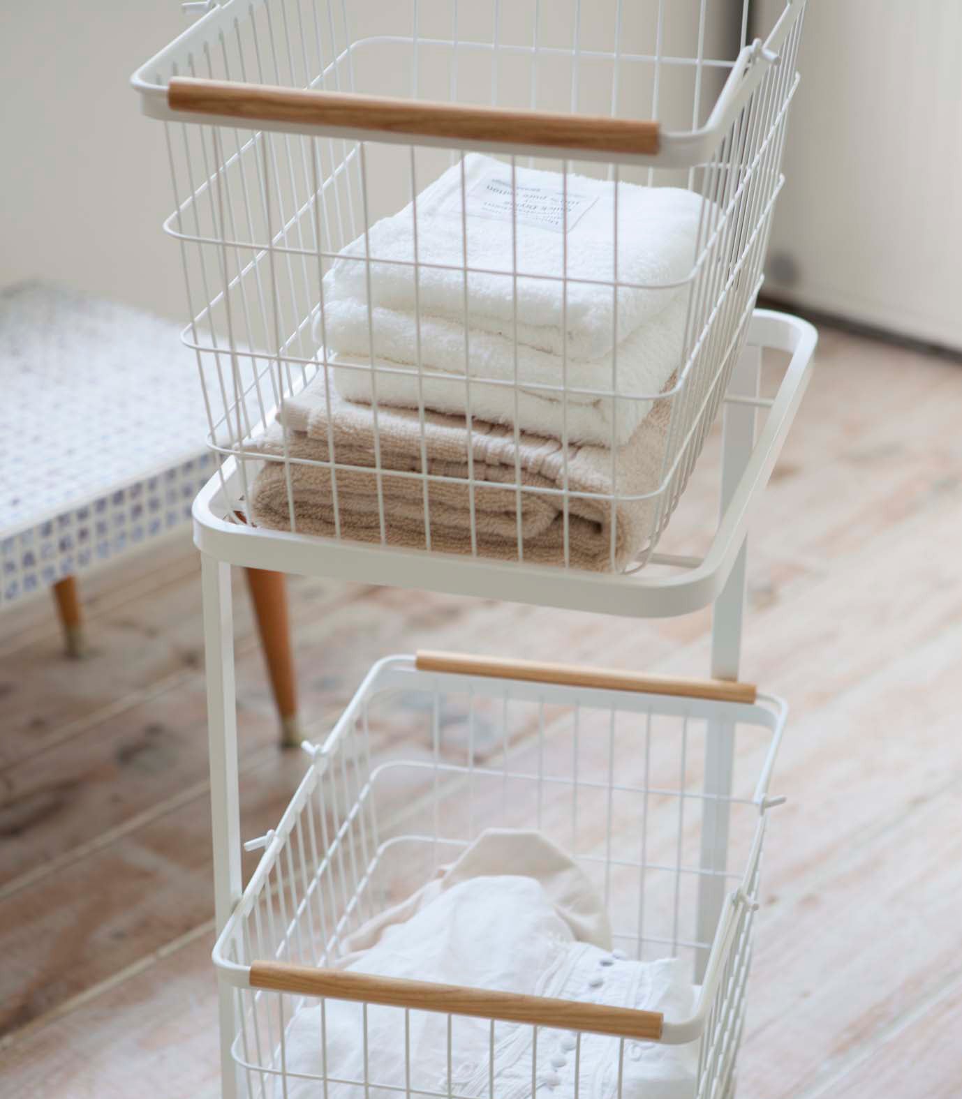 Yamazaki Home · Steel + Wood Rolling Laundry Cart + Wire Baskets (38" H) | socius design in Rochester, MN