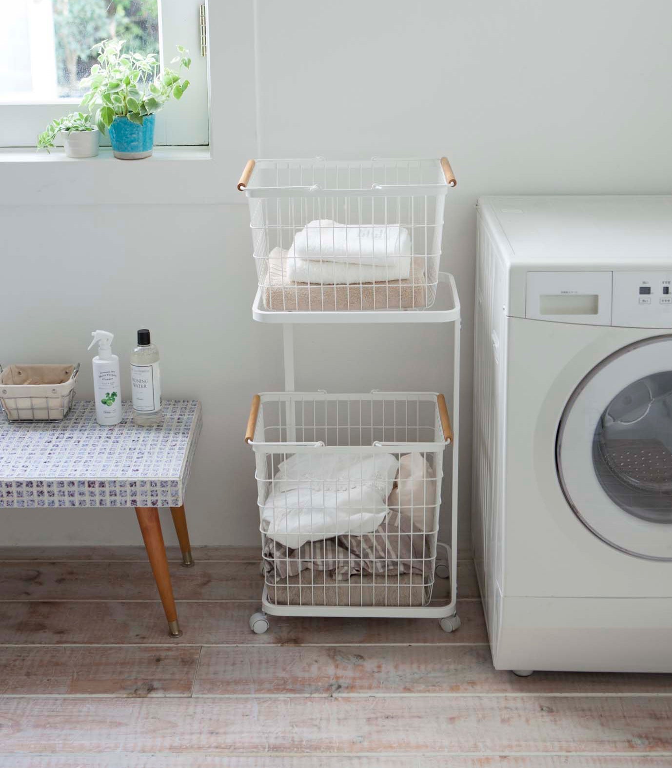 Yamazaki Home · Steel + Wood Rolling Laundry Cart + Wire Baskets (38" H) | socius design in Rochester, MN