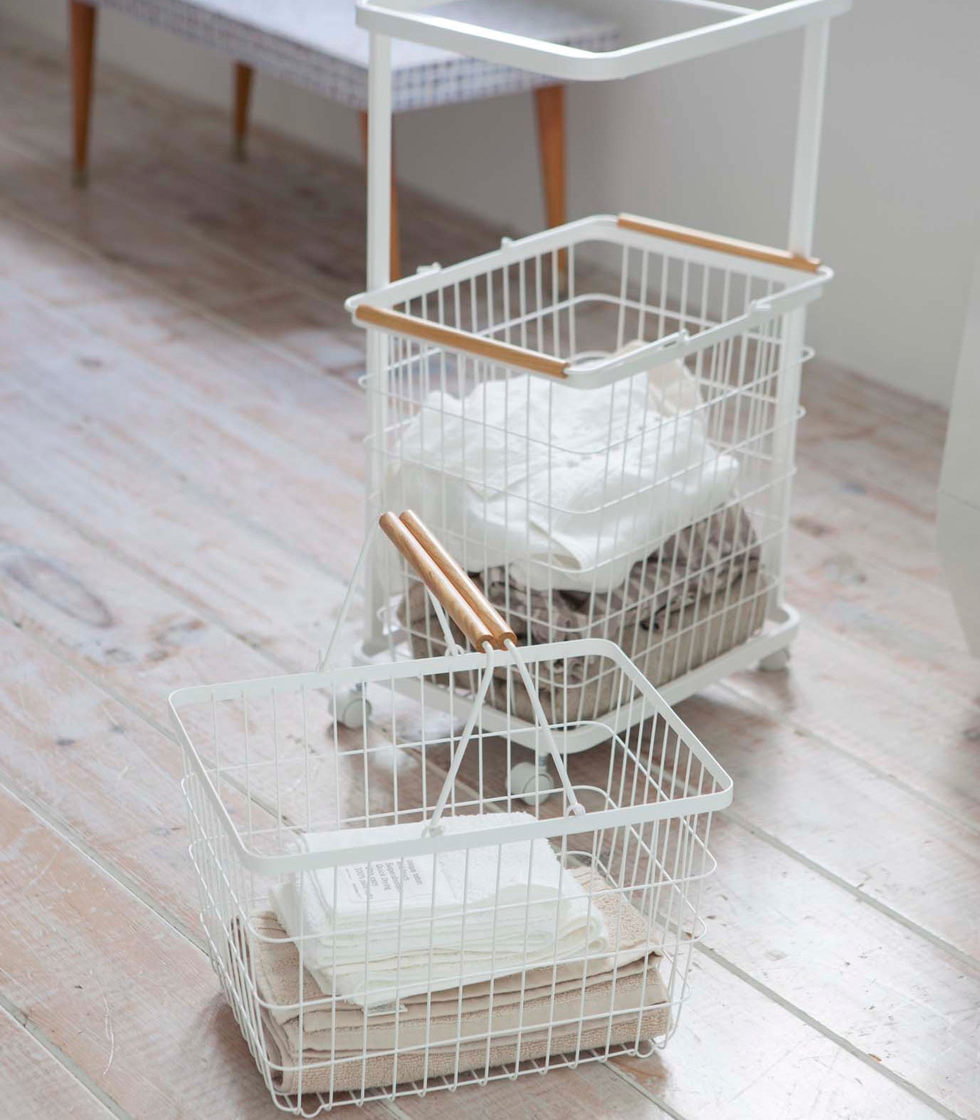 Yamazaki Home · Steel + Wood Rolling Laundry Cart + Wire Baskets (38" H) | socius design in Rochester, MN