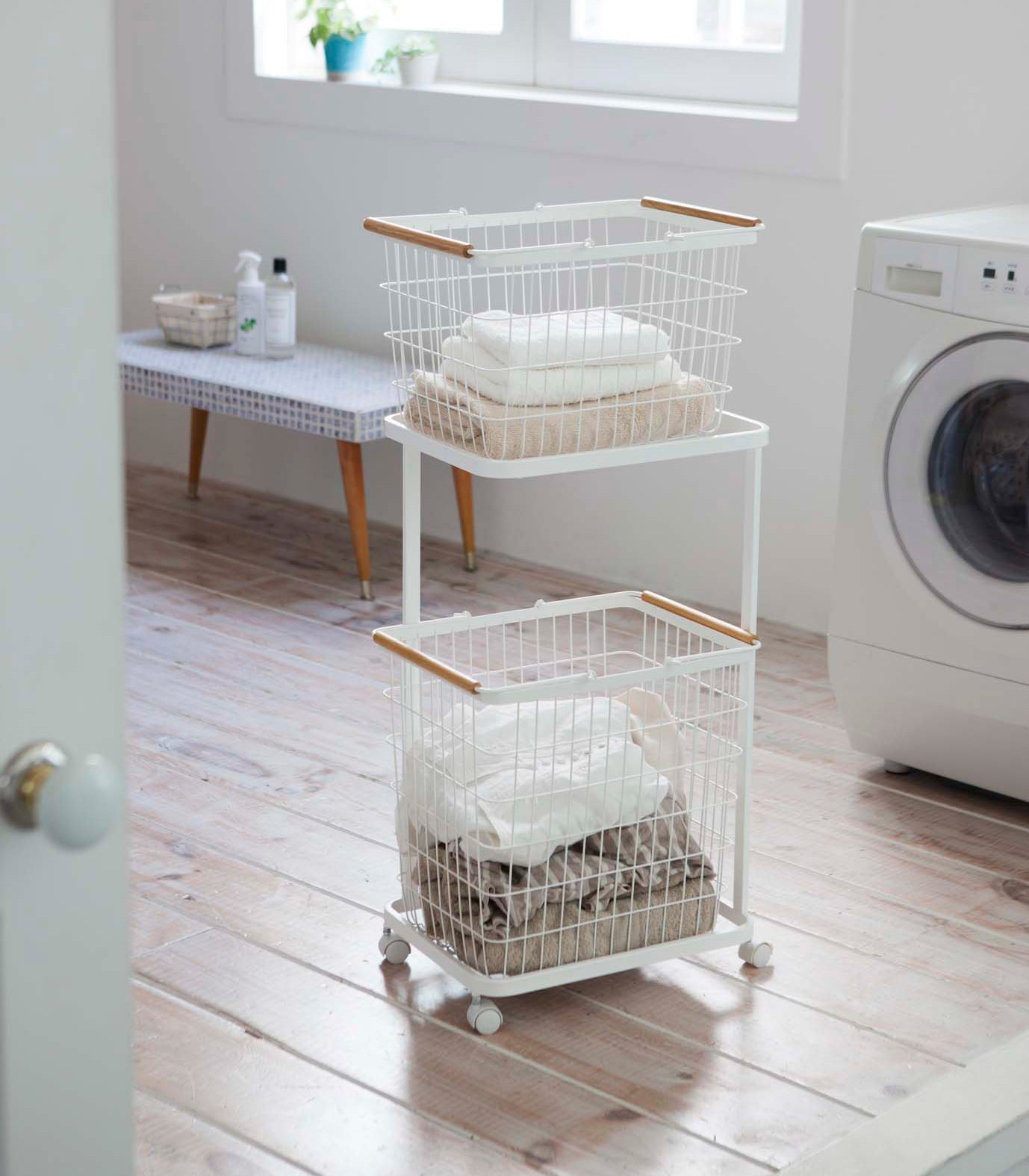 Yamazaki Home · Steel + Wood Rolling Laundry Cart + Wire Baskets (38" H) | socius design in Rochester, MN