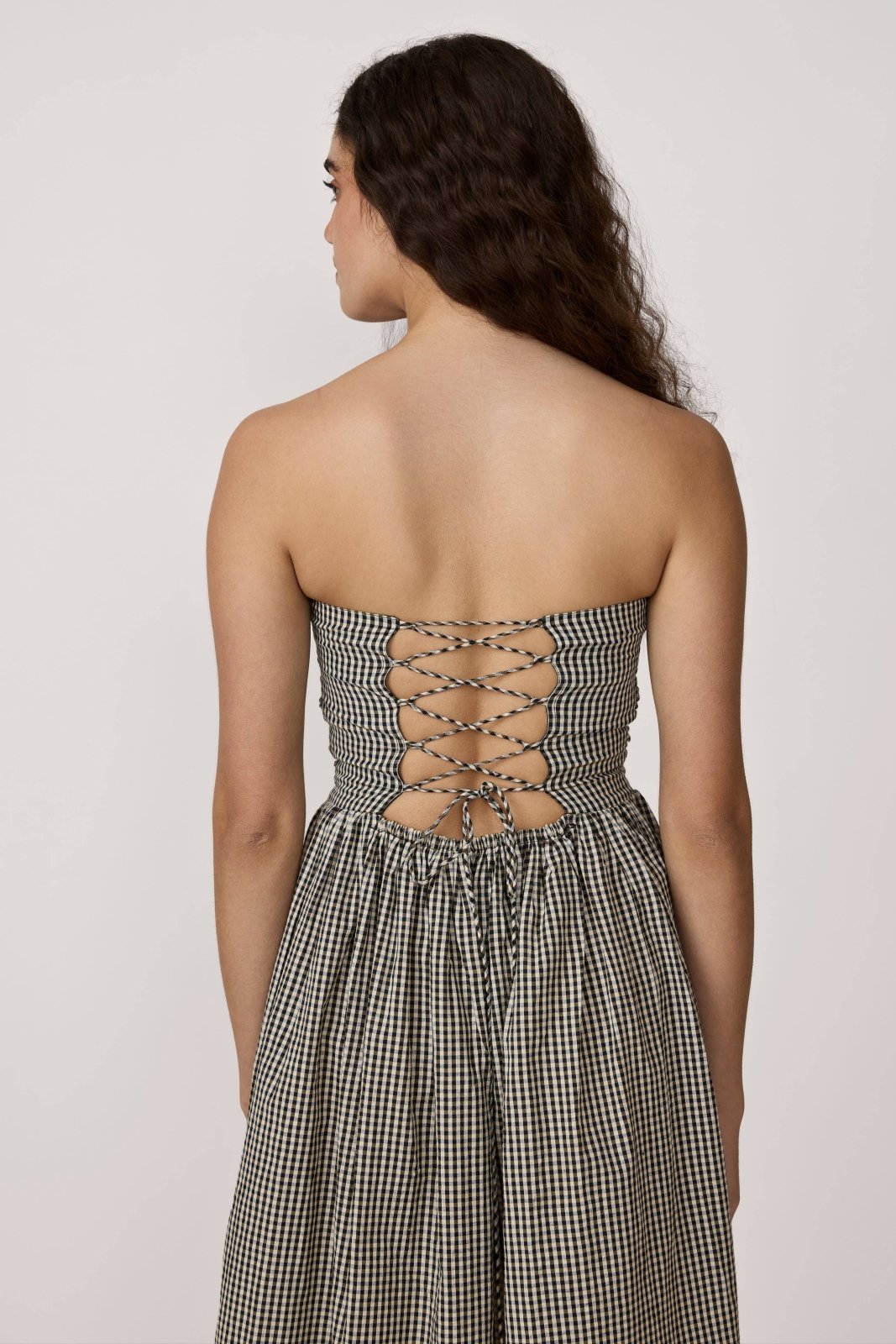 LAUDE the Label · Strapless Tie Back Dress in Gingham | socius design in Rochester, MN