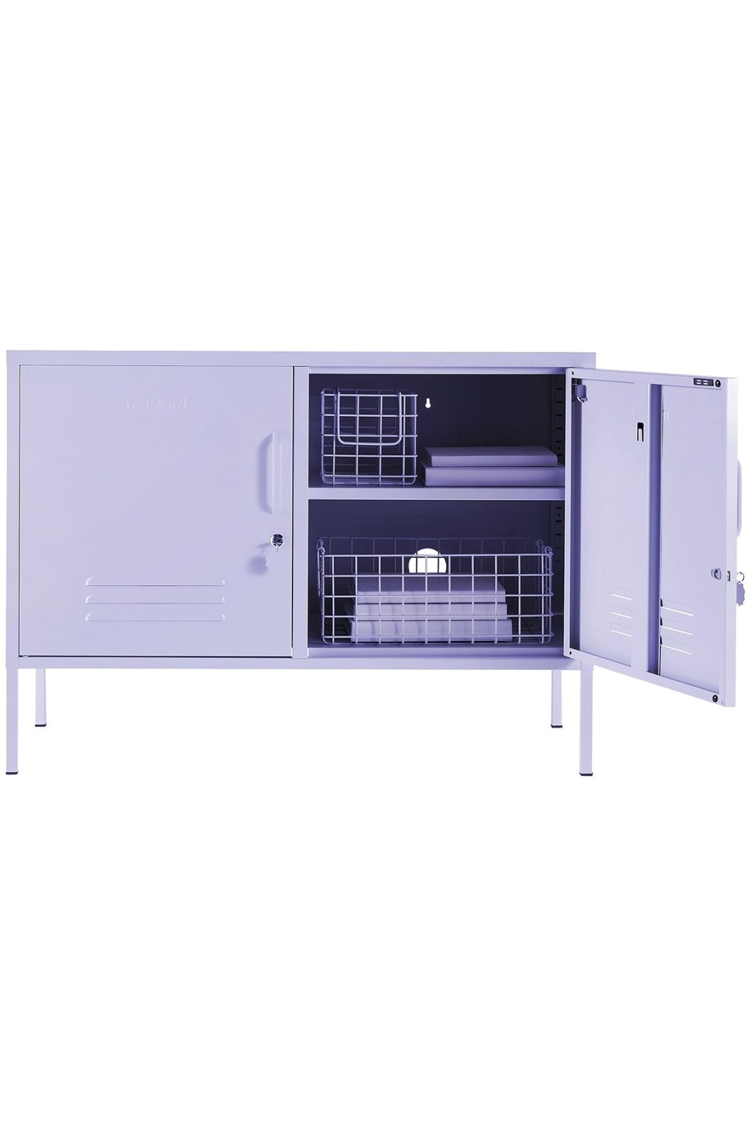 The Lowdown locker in Lilac, doors open and styled