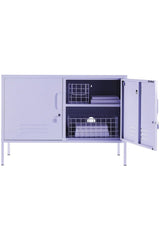 The Lowdown locker in Lilac, doors open and styled