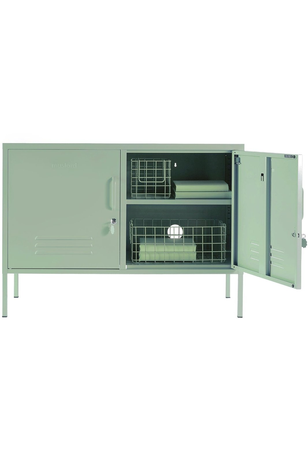 The Lowdown locker in Sage, doors open and styled