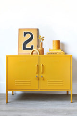 The Lowdown locker in Mustard styled in a living room