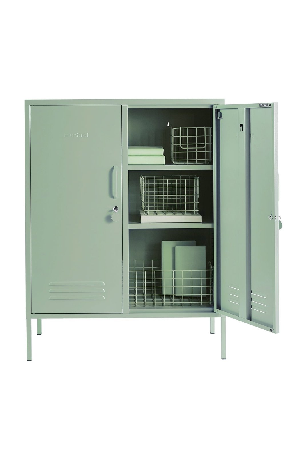 The Midi locker in Sage, doors open and styled