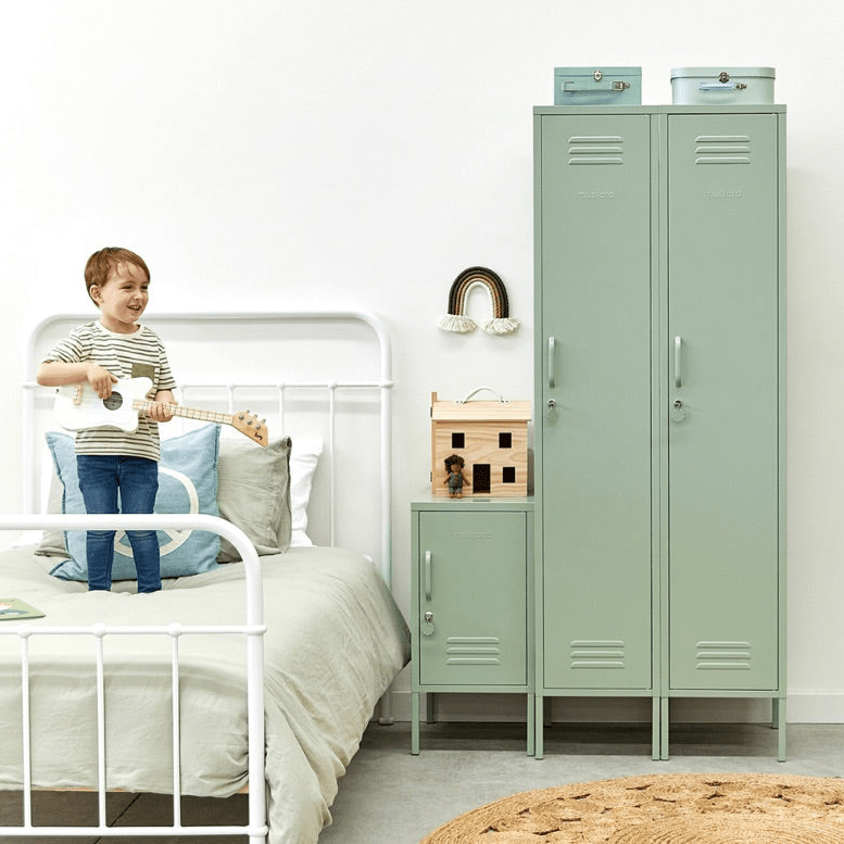 The Skinny and Shorty lockers in Sage styled in a living space